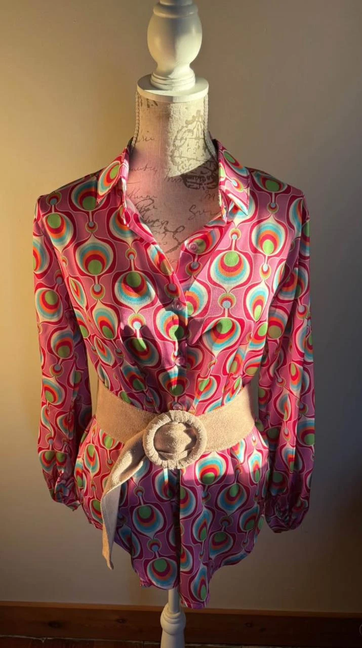 👚 Long satin pink & mint green 70ties blouse with buttons Made in Italy - 44 – photo 3